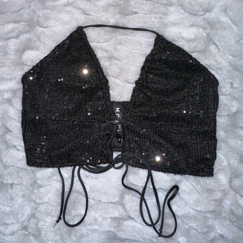 Motel Rocks Black Sequin Halter Crop Top